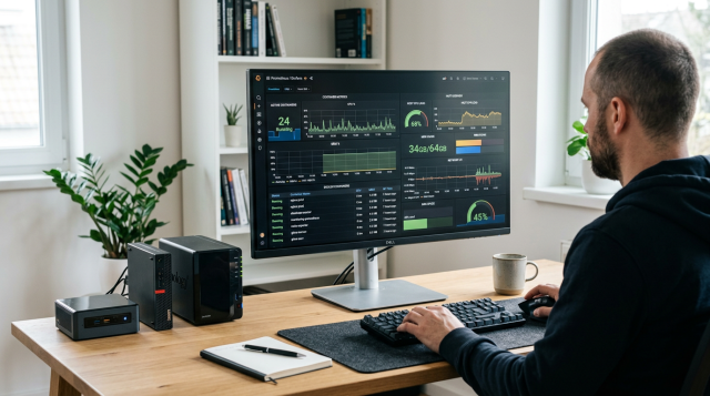 Realistisches Hero-Bild mit Monitoring-Dashboard, Docker-Container-Metriken, Prometheus-Daten und Grafana-Visualisierung in einer modernen Homelab-Umgebung.