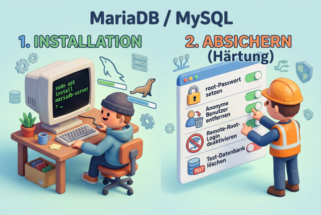 Infografik zur Installation und Absicherung von MariaDB oder MySQL, mit Paketinstallation, Dienststart, mysql_secure_installation, Root-Schutz, entfernten Testkonten und sicher konfiguriertem Datenbankzugriff.