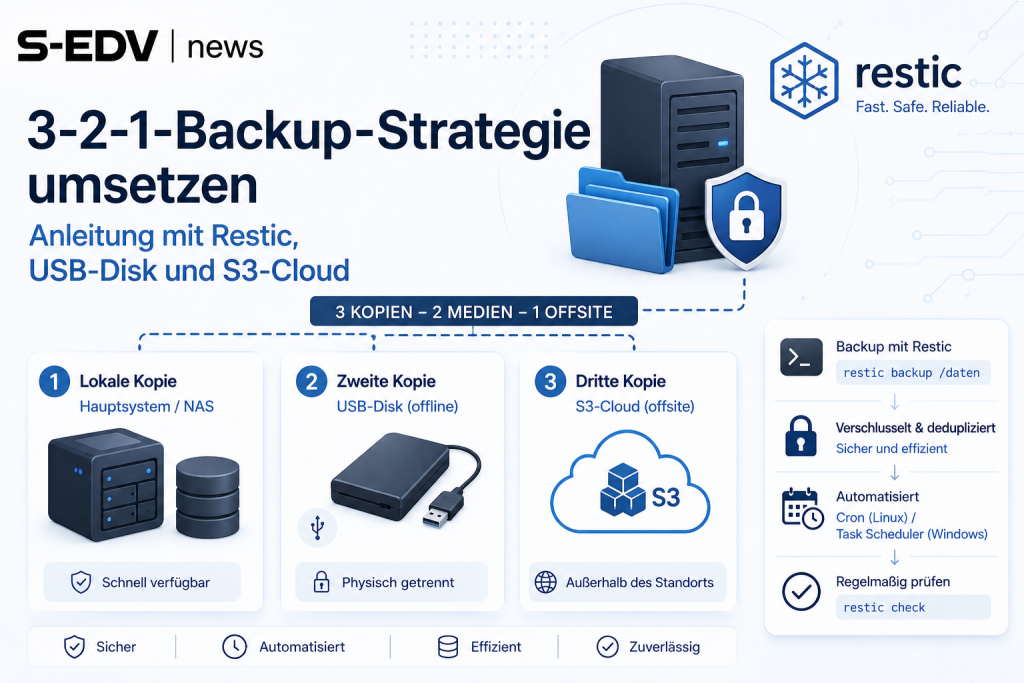 3-2-1-Backup-Strategie mit Restic umsetzen: lokale Datensicherung auf NAS oder Server, zweite Backup-Kopie auf USB-Festplatte und Offsite-Backup in einer S3-Cloud. Sichere, verschlüsselte und automatisierte Backup-Lösung für Unternehmen und Privatanwender
