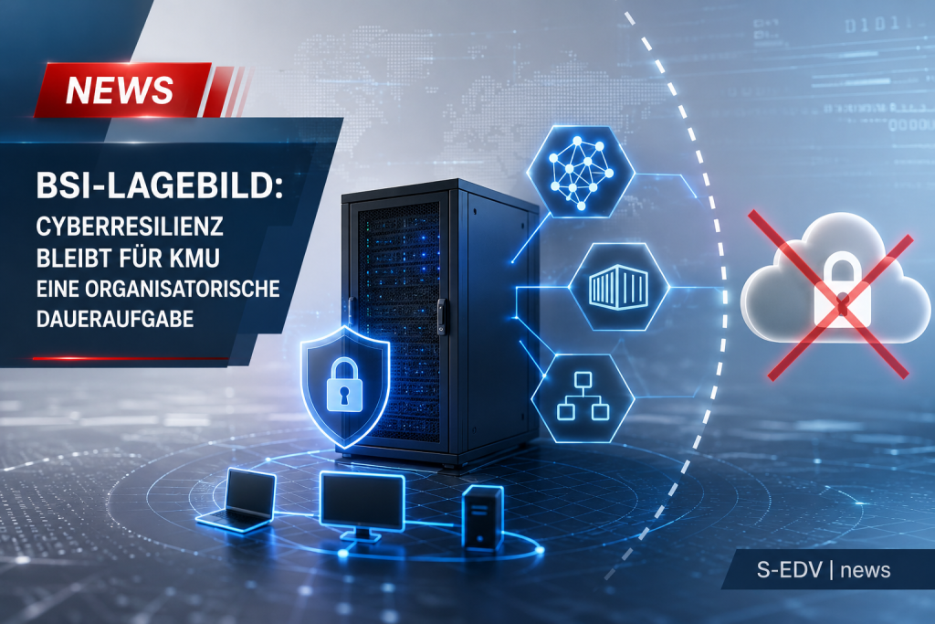 BSI Lagebild zur Cyberresilienz von KMU mit Server, Netzwerk und Cybersecurity Symbolen als Darstellung der dauerhaften organisatorischen Herausforderungen für kleine und mittlere Unternehmen.