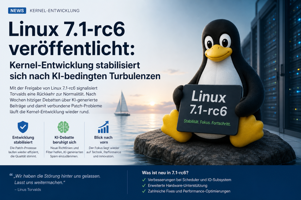 Grafik zur Veröffentlichung von Linux 7.1-rc6, bei der sich die Kernel-Entwicklung nach zuletzt unruhigen Wochen wieder stabilisiert und laut Linus Torvalds trotz weiter hoher Änderungsmenge auf einen normalen Release-Zyklus zusteuert.