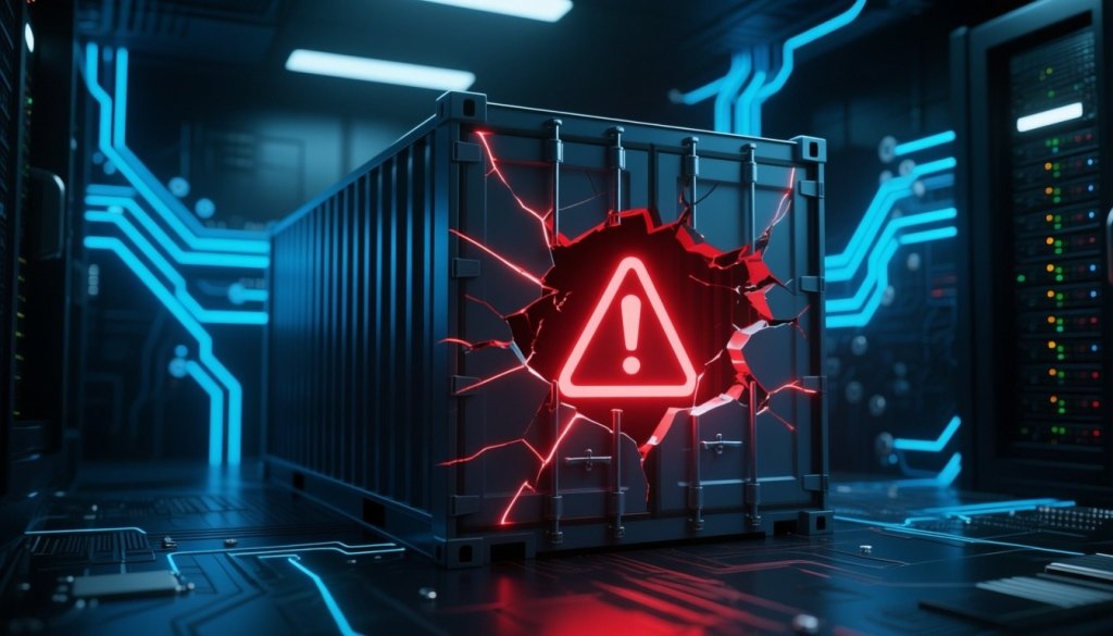 Gebrochener Container mit rotem Warnsignal symbolisiert einen Container-Escape-Angriff