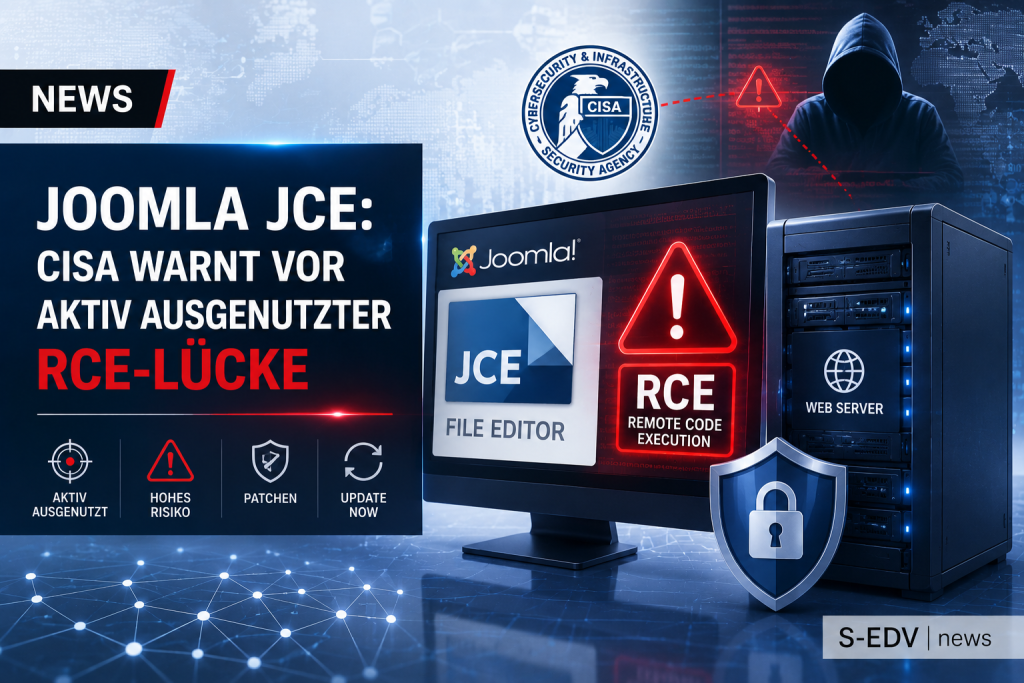 IT News Grafik zur Joomla JCE Sicherheitslücke mit Warnung der CISA vor einer aktiv ausgenutzten Remote Code Execution Schwachstelle. Darstellung von Cyberangriff, Webserver, Sicherheitswarnung und kritischem Patch Management für Joomla Webseiten.