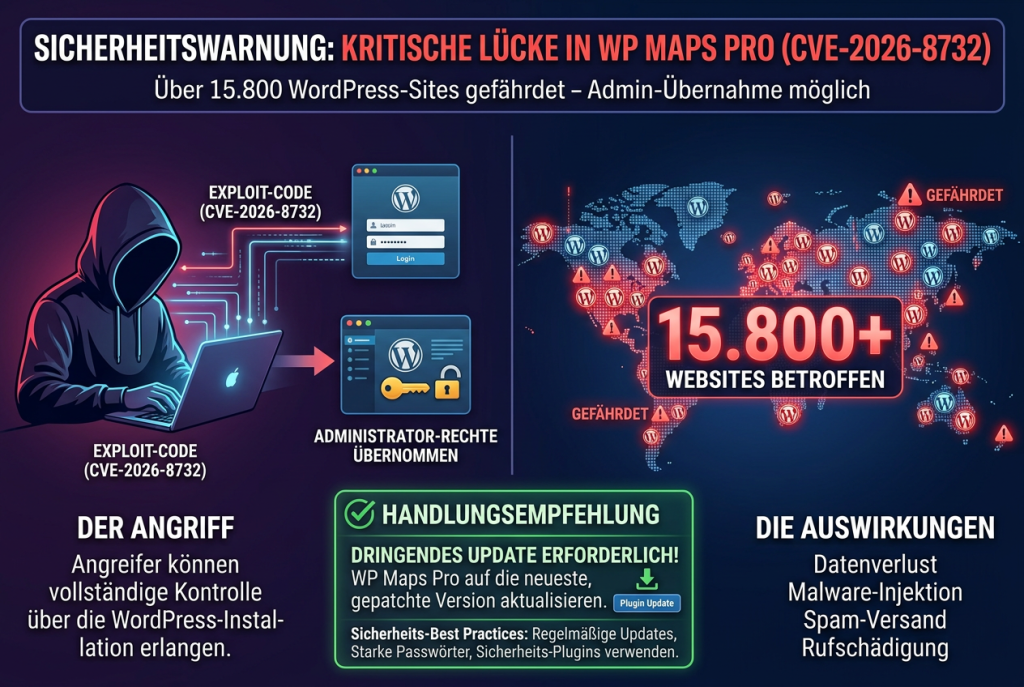 Warn-Infografik zu CVE-2026-8732 in WP Maps Pro, mit unauthentifizierter Admin-Übernahme über eine kritische Plugin-Lücke, betroffenen WordPress-Websites, dringendem Update auf Version 6.1.1 und mehr als 15.000 gefährdeten Installationen.
