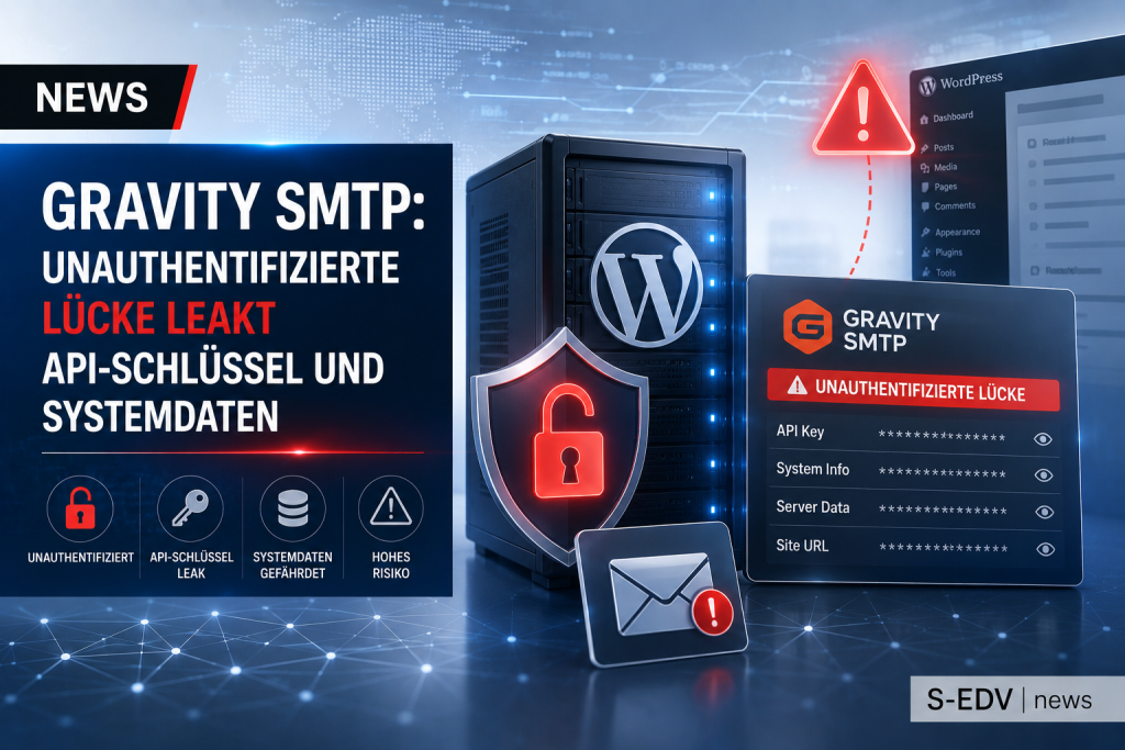 IT News Grafik zur Sicherheitslücke im WordPress Plugin Gravity SMTP. Darstellung eines unautorisierten Datenlecks mit offengelegten API Schlüsseln, Systeminformationen, Serverdaten und Cybersecurity Warnhinweisen für WordPress Administratoren.
