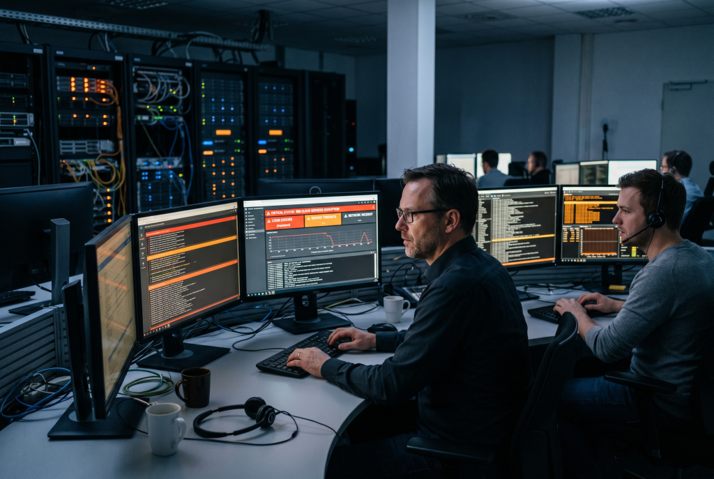Realistisches Hero-Bild mit IT-Leitstand oder Rechenzentrum für einen Artikel über wiederholte IBM-Cloud- und IAM-Ausfälle.
