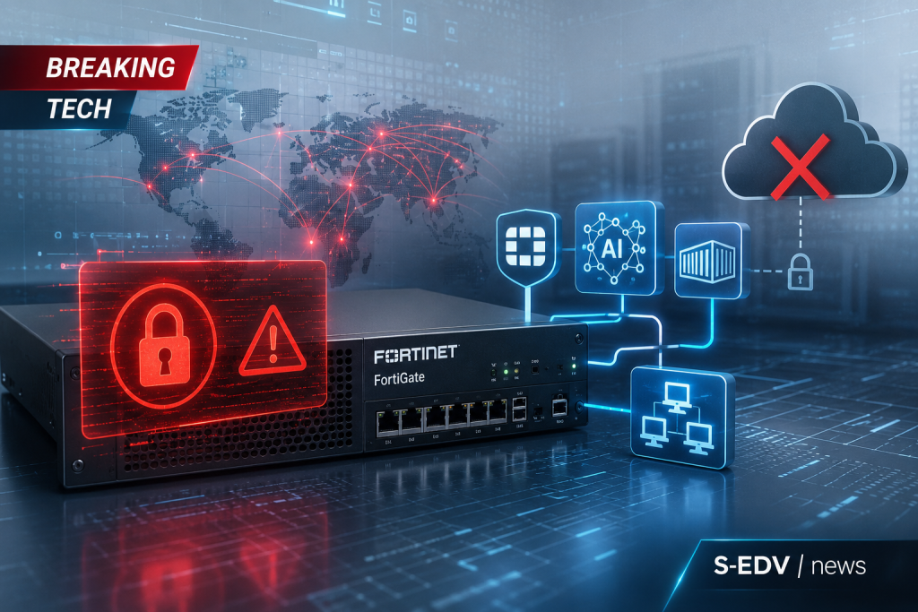Fortinet Firewalls: Kompromittierte FortiGate Zugänge mit Warnsymbolen, Angriffsnetzwerk und deaktivierter Cloud im modernen Cybersecurity News Stil.