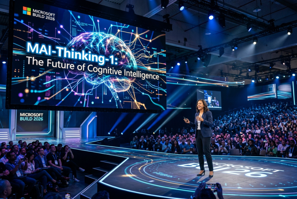 Infografik zu Microsoft Build 2026 mit MAI-Thinking-1 als erstem eigenen Microsoft-Reasoning-Modell, das laut Microsoft ohne Modelldestillation und mit sauberen Trainingsdaten entwickelt wurde, als Teil der neuen MAI-Modellfamilie.