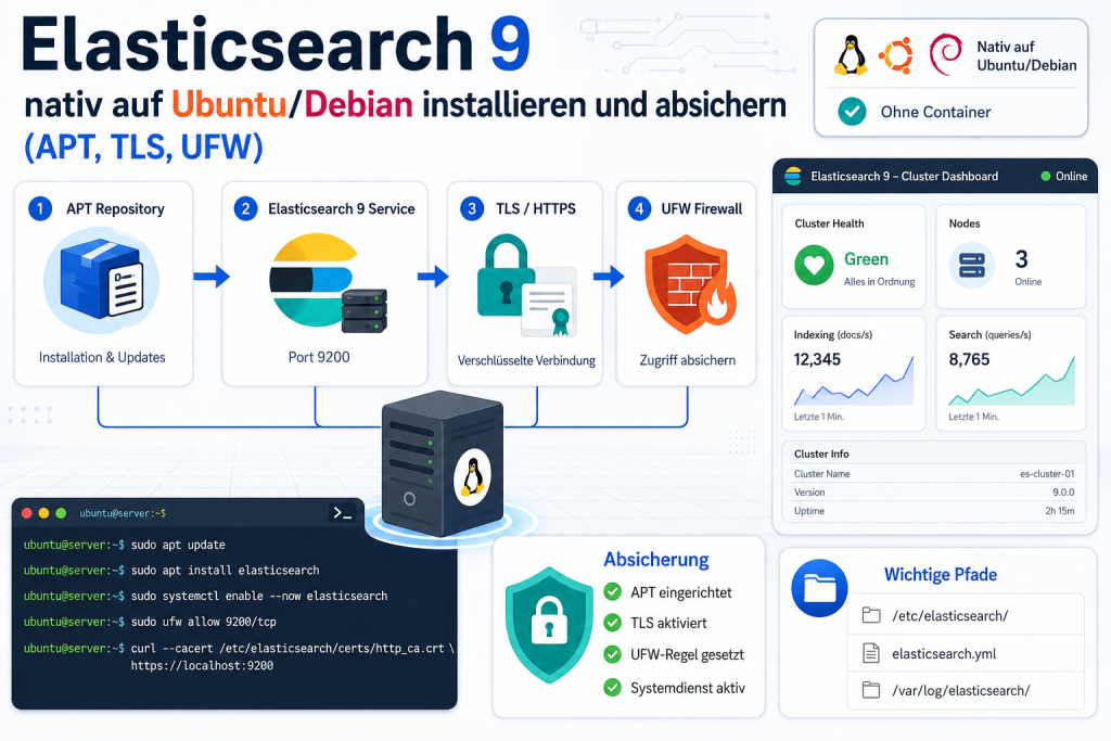 Moderne IT-Grafik zur Anleitung für die native Installation und Absicherung von Elasticsearch 9 auf Ubuntu und Debian mit APT-Repository, TLS, UFW-Firewall, Terminal und Cluster-Dashboard.