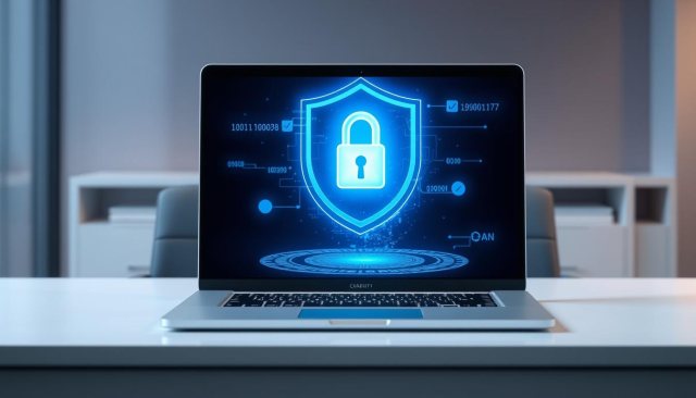 MacBook mit schwebendem blauem Sicherheits-Schild und Schloss als Symbol für Festplattenverschlüsselung