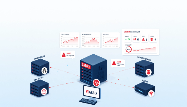 Isometrische Illustration eines zentralen Zabbix-Servers, der mehrere Hosts wie Linux-Server, Webserver, Datenbank und Router überwacht, mit schwebenden Monitoring-Dashboards und Graphen.