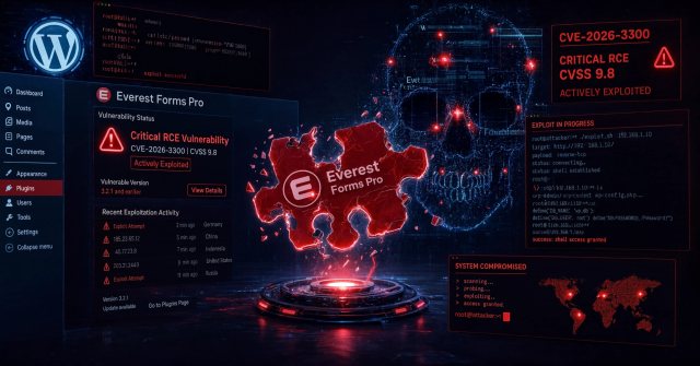 Illustration einer kritischen WordPress-Sicherheitslücke in Everest Forms Pro mit roter Warnanzeige, Hacker-Symbolik und laufendem Exploit auf dunklem Cybersecurity-Hintergrund.