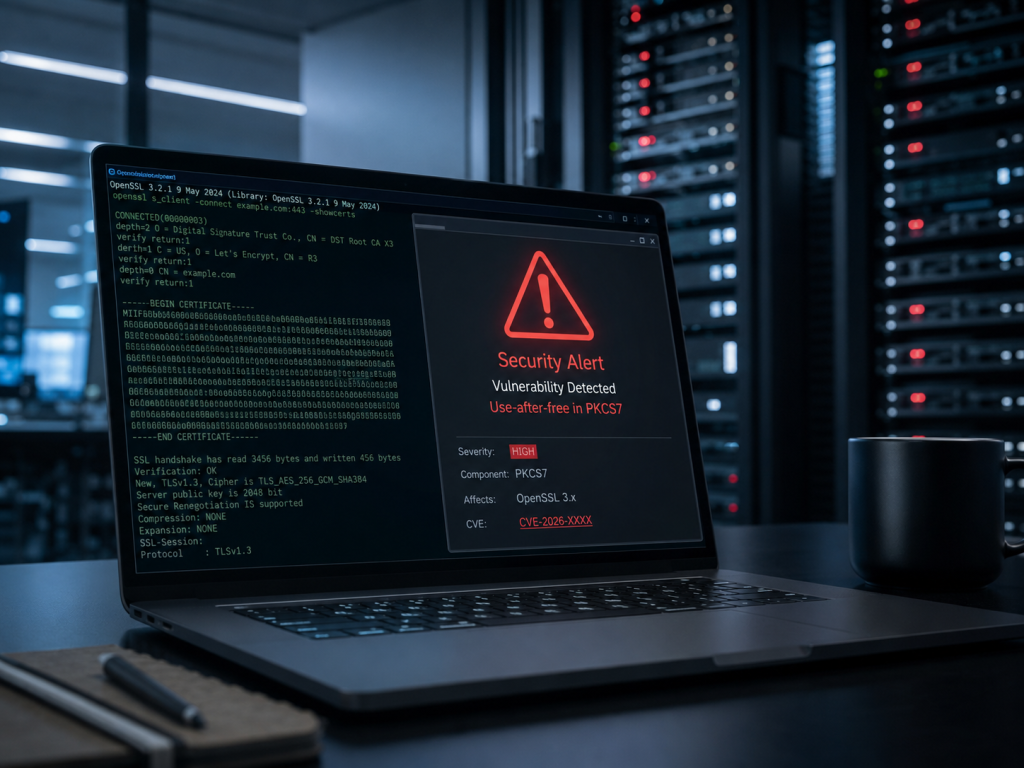 OpenSSL Sicherheitsrelease vom 9. Juni 2026 mit neun Schwachstellen, High Risk Use After Free in PKCS7, Zertifikaten, Server Sicherheit und Cybersecurity Warnsymbol im Rechenzentrum