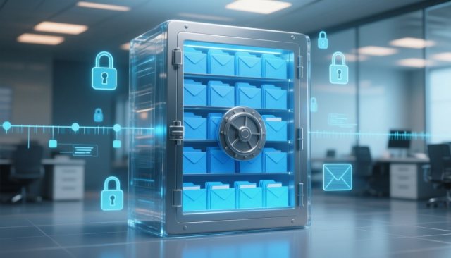 Holografisches Compliance-Tresor-Konzept mit digitalen Ordnern und Schlössern