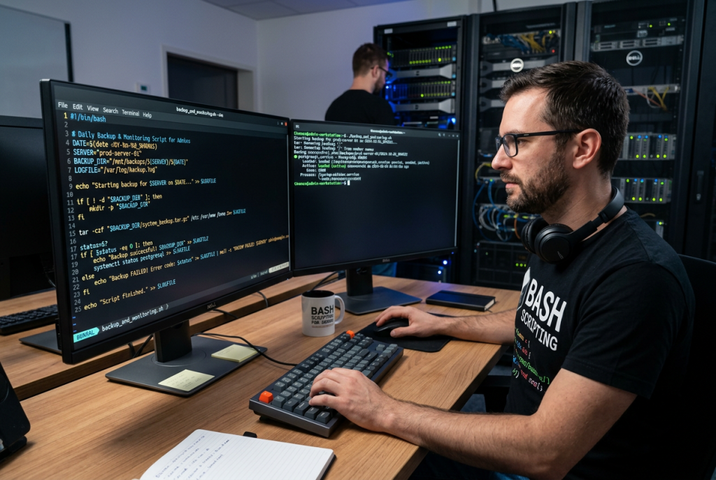 Infografik zu Bash-Skripting für Admins mit Terminal, Shell-Befehlen, Variablen, Bedingungen, Schleifen und der Automatisierung typischer Administrationsaufgaben.