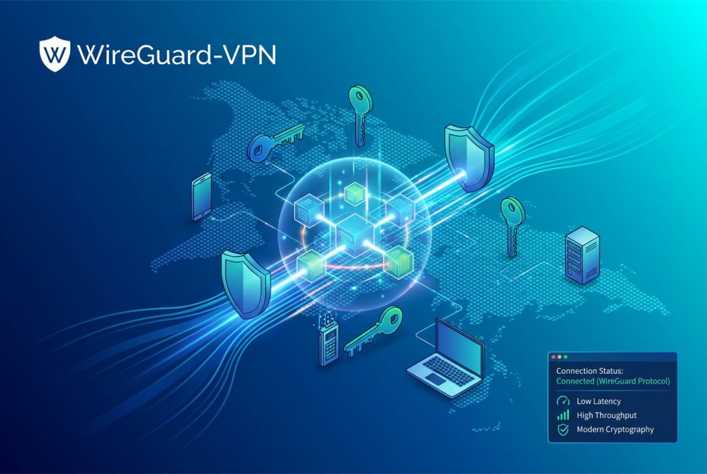 Infografik, die WireGuard-VPN einfach erklärt, mit sicherem Tunnel zwischen Client und Server, Peers, Schlüsseln und VPN-IP-Adressen.