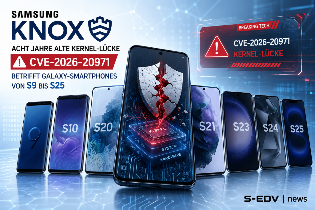 Samsung KNOX Sicherheitswarnung mit der Kernel-Schwachstelle CVE-2026-20971. Mehrere Galaxy Smartphones von S9 bis S25 zeigen eine kritische Sicherheitslücke im Android Kernel, dargestellt durch ein beschädigtes Schutzschild und Cybersecurity Warnmeldunge