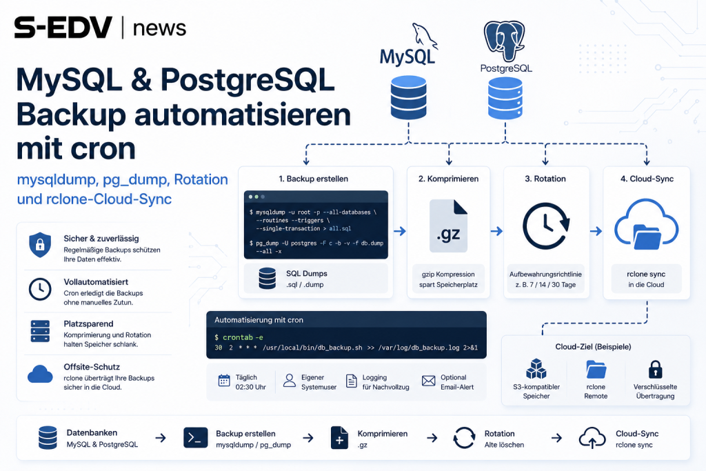 MySQL und PostgreSQL Backup automatisieren mit cron, mysqldump und pg_dump. Sichere Datenbank-Backups mit Komprimierung, Rotation, automatischer Aufbewahrung und rclone Cloud-Synchronisation zu S3-kompatiblen Speichern für Linux Server und professionelle