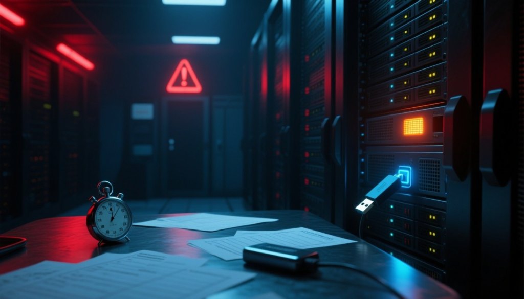 Forensik-USB-Stick an einem Server im dunklen Serverraum mit rotem Warmlicht