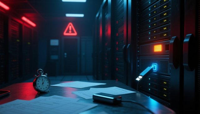 Forensik-USB-Stick an einem Server im dunklen Serverraum mit rotem Warmlicht