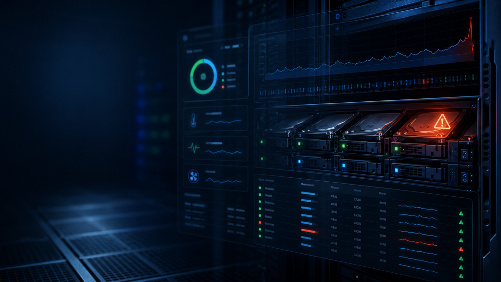 Server mit S.M.A.R.T.-Monitoring und Scrutiny-Dashboard zur frühzeitigen Erkennung von Festplattenausfällen.