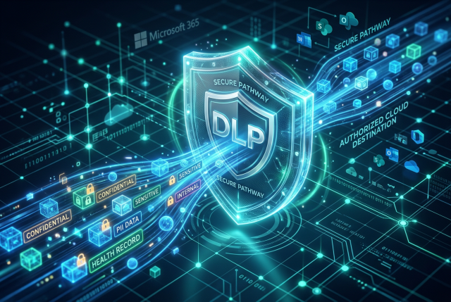 Microsoft 365 mit DLP und Vertraulichkeitslabels, zum Schutz sensibler Daten in E-Mails, OneDrive und SharePoint.
