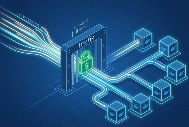 Infografik zu Traefik als Docker-Reverse-Proxy mit automatischem HTTPS, mit Docker-Containern, Routing über Hostnamen, Let's-Encrypt-Zertifikaten, Port 80 und 443 sowie dynamischer Service-Erkennung per Docker-Labels.