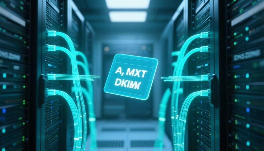 Server-Rack mit leuchtenden DNS-Record-Karten beim Domain-Umzug