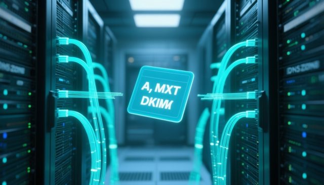 Server-Rack mit leuchtenden DNS-Record-Karten beim Domain-Umzug