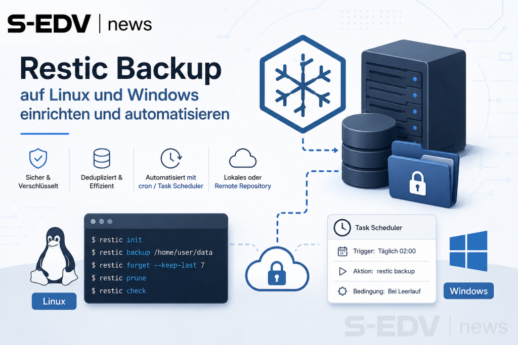 Restic Backup auf Linux und Windows mit automatisierter Datensicherung über Cron und Task Scheduler, verschlüsselte Backups auf lokale und entfernte Speicher mit Server, Cloud und Backup Repository Visualisierung.