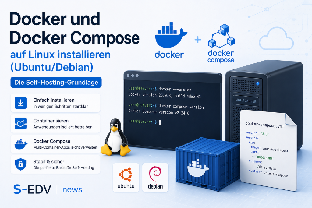 Docker und Docker Compose auf Linux Ubuntu und Debian installieren als stabile Grundlage für Self Hosting mit Containern, Terminal und Linux Server.