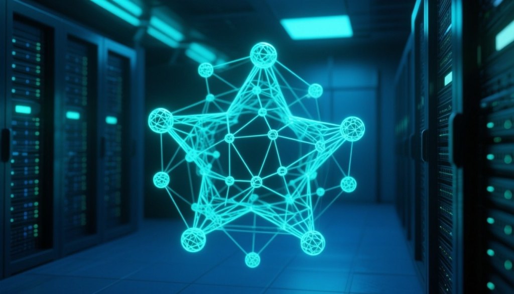 Leuchtendes Mesh-Netzwerk aus verbundenen Knoten im Serverraum