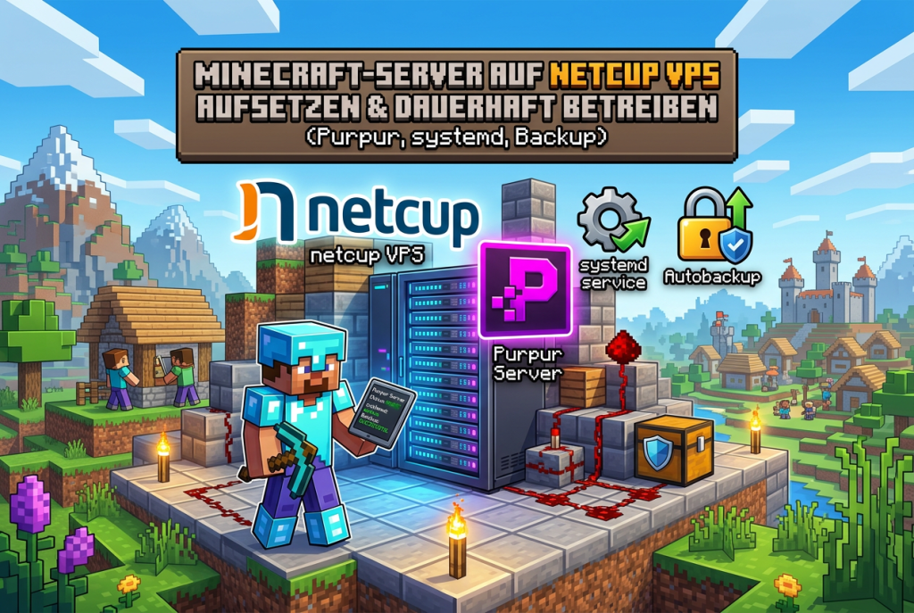 Minecraft-Server auf netcup VPS mit Purpur einrichten, dauerhaft per systemd betreiben und regelmäßige Backups für sichere Serverdaten nutzen