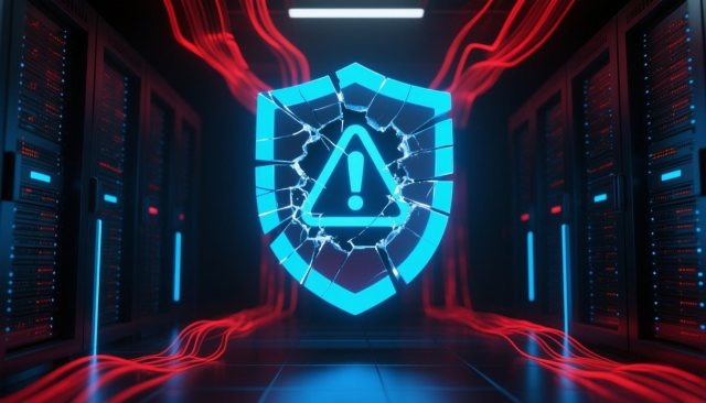 Gebrochenes Sicherheitsschild über Serverraum als Symbol für Microsoft Defender Zero-Day-Schwachstellen