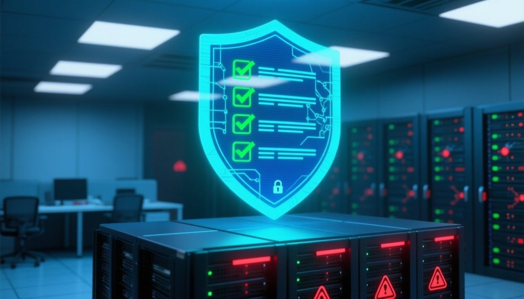 Serverraum mit digitalem Sicherheitsschild und Checkliste als holografische Darstellung