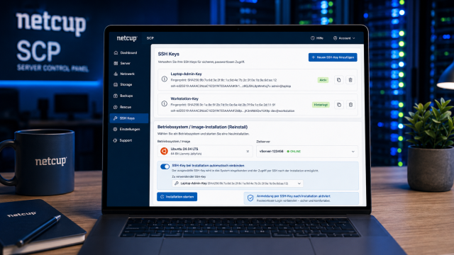 netcup SCP Oberfläche mit SSH-Key-Verwaltung und aktivierter Option zum automatischen Einbinden eines SSH-Keys bei einer Image-Installation auf einem vServer
