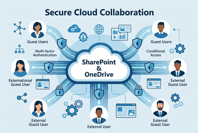 Infografik zur sicheren Konfiguration von Freigaben in SharePoint und OneDrive, mit externen Gästen, spezifischen Personen-Links, Authentifizierung, Berechtigungen und eingeschränkter externer Freigabe über Sicherheitsgruppen.