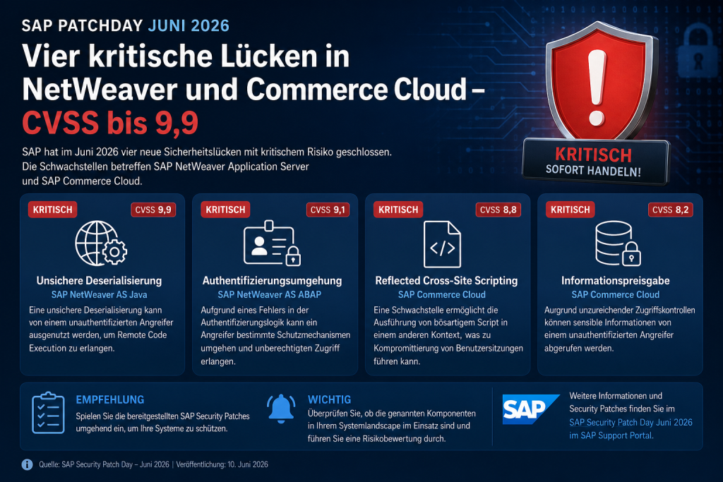 Grafik zum SAP Patchday im Juni 2026 mit vier kritischen Sicherheitslücken in SAP NetWeaver und SAP Commerce Cloud, darunter Schwachstellen mit einem CVSS-Wert von bis zu 9,9.