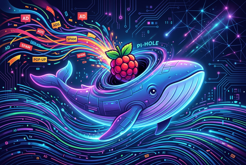 Infografik zu Pi-hole mit Docker, mit Pi-hole-Container, DNS-Anfragen über Port 53, Weboberfläche auf Port 80 und 443, persistenten Volumes sowie Netzwerkweiterleitung für Werbe- und Tracking-Blockierung im Heimnetz.