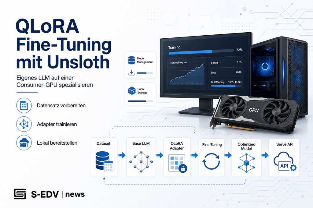 QLoRA Fine Tuning mit Unsloth auf einer Consumer GPU mit Trainings Dashboard, Datensatz Vorbereitung, Adapter Training und lokaler API Bereitstellung für ein spezialisiertes LLM.