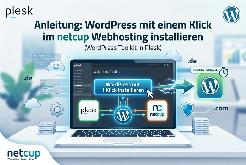 Plesk WordPress Toolkit im netcup Webhosting zur Ein-Klick-Installation von WordPress mit Domainauswahl, Installationsassistent und erfolgreicher Einrichtung
