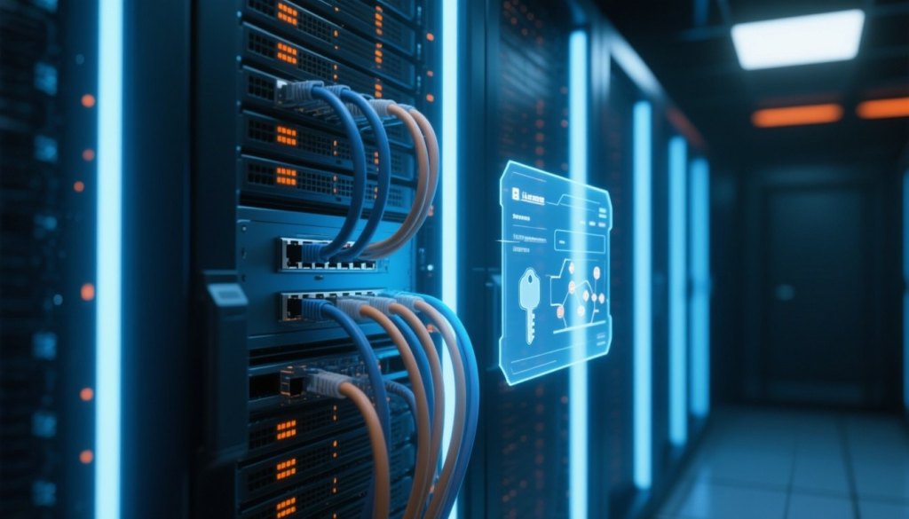 Serverraum mit leuchtendem Rack und holografischer Verbindungsübersicht für Remote Desktop Services