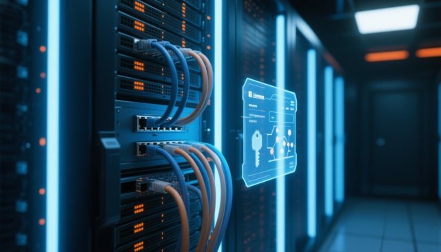 Serverraum mit leuchtendem Rack und holografischer Verbindungsübersicht für Remote Desktop Services