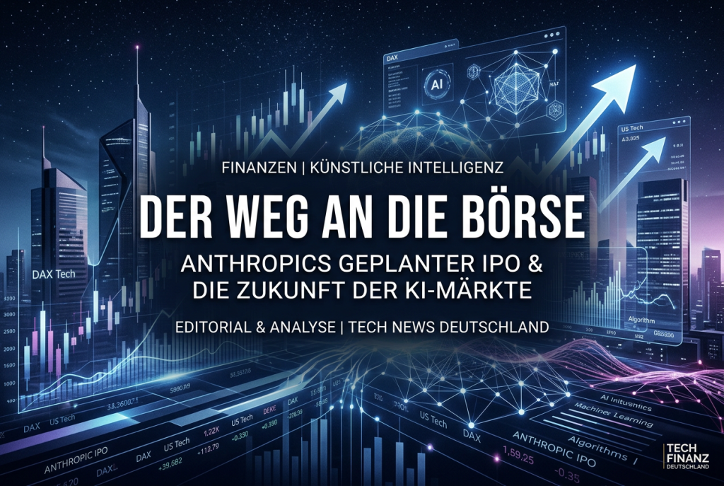 Futuristisches Hero-Bild zu Anthropics IPO-Plänen mit mittigem Text, Börsencharts und abstrahierten KI-Datenvisualisierungen.