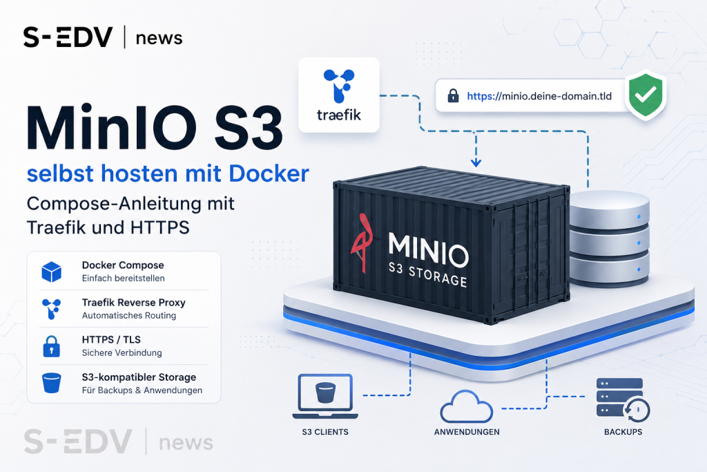 MinIO S3 Storage selbst hosten mit Docker Compose, Traefik Reverse Proxy und HTTPS. Moderne Server Infrastruktur mit S3 kompatiblem Objektspeicher, sicherer TLS Verbindung, Cloud Storage, Backups und Self Hosting Umgebung für Unternehmen und Administrator