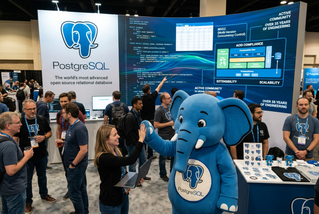 Beispielgrafik zu PostgreSQL mit Datenbankserver, Tabellen, SQL-Abfragen, Transaktionen und Replikation als allgemeine Darstellung eines PostgreSQL-Systems.