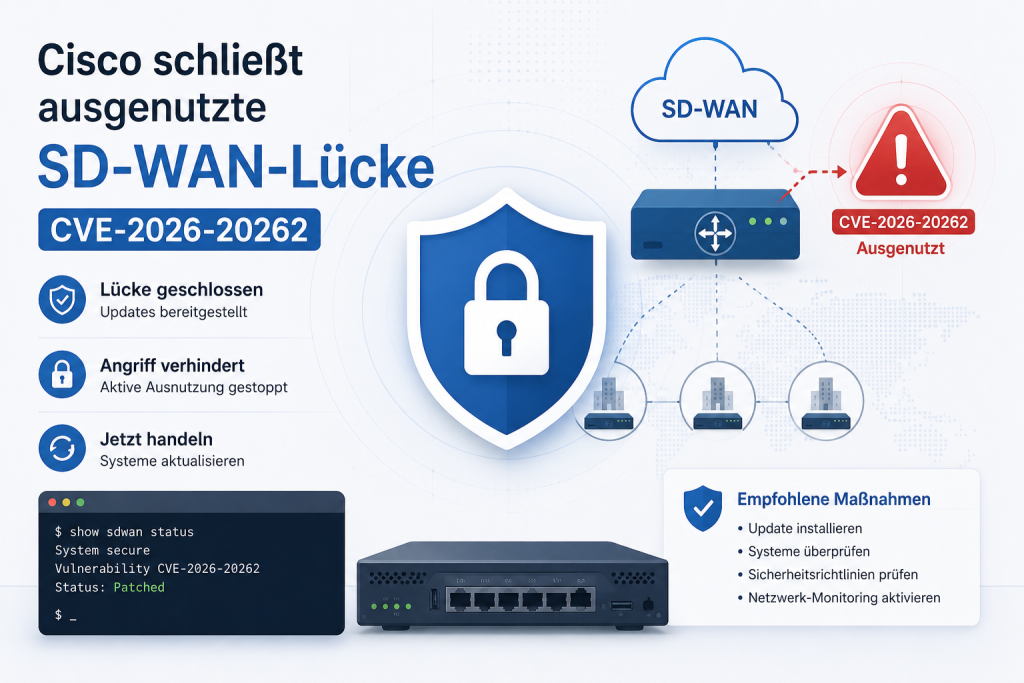 Moderne IT-News-Grafik zur geschlossenen und ausgenutzten Cisco SD-WAN-Lücke CVE-2026-20262 mit Router, Sicherheitswarnung, Schutzschild, Update-Hinweis und Netzwerk-Symbolen.