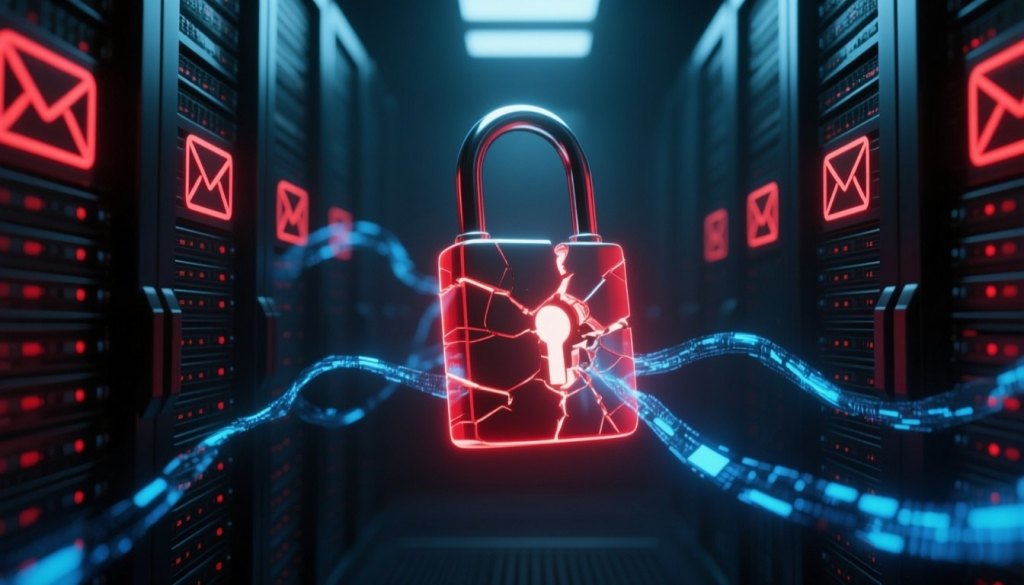 Gebrochenes Schloss vor Serverrack als Symbol für Exchange-Sicherheitslücke