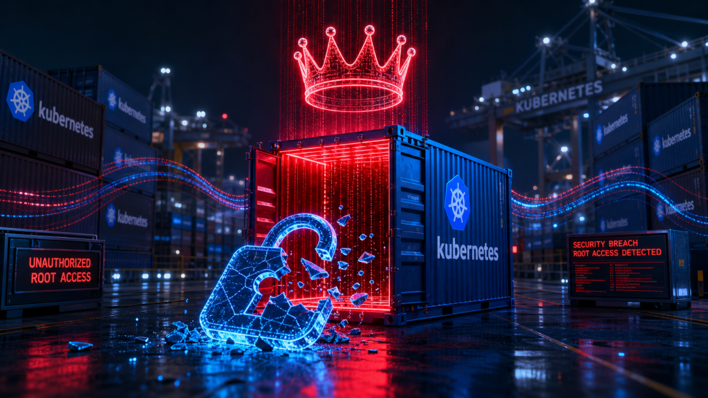 Ein aufgebrochenes digitales Schloss an einem leuchtend blauen Daten-Container mit rotem Warnlicht, das die containerd-Schwachstelle CVE-2026-46680 und unerlaubten Root-Zugriff in Kubernetes symbolisiert.