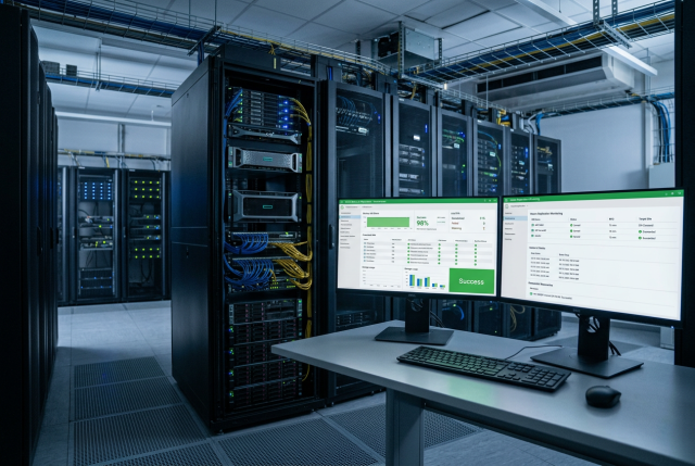 Realistisches Hero-Bild ohne Menschen mit Serverracks, Storage und Backup-Monitoren für einen Artikel über Veeam Backup & Replication.